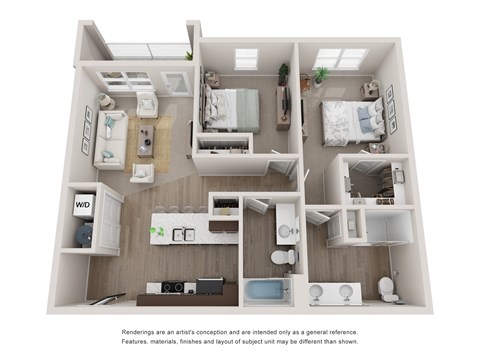A 3D floor plan of an apartment with two bedrooms and a living area.